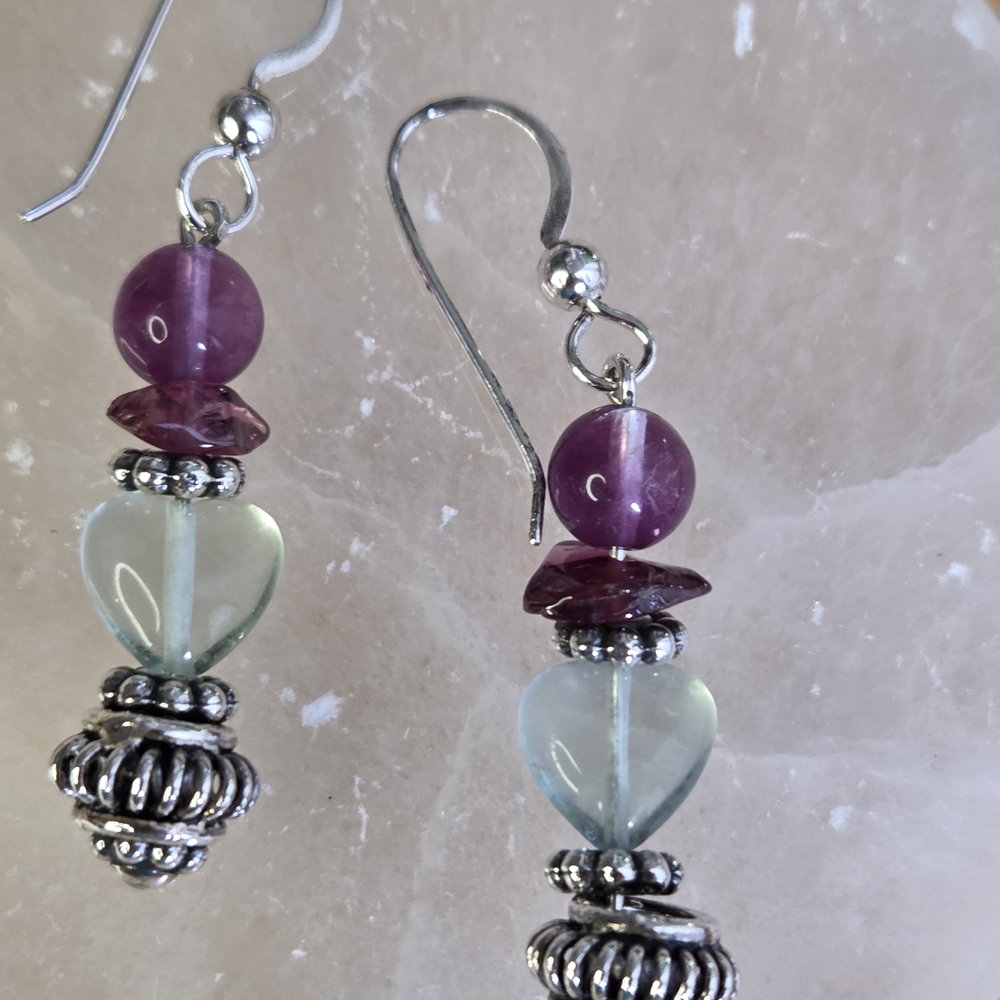 Green Fluorite Heart, Purple Fluorite And  Rhodolite Garnet Sterling Earrings